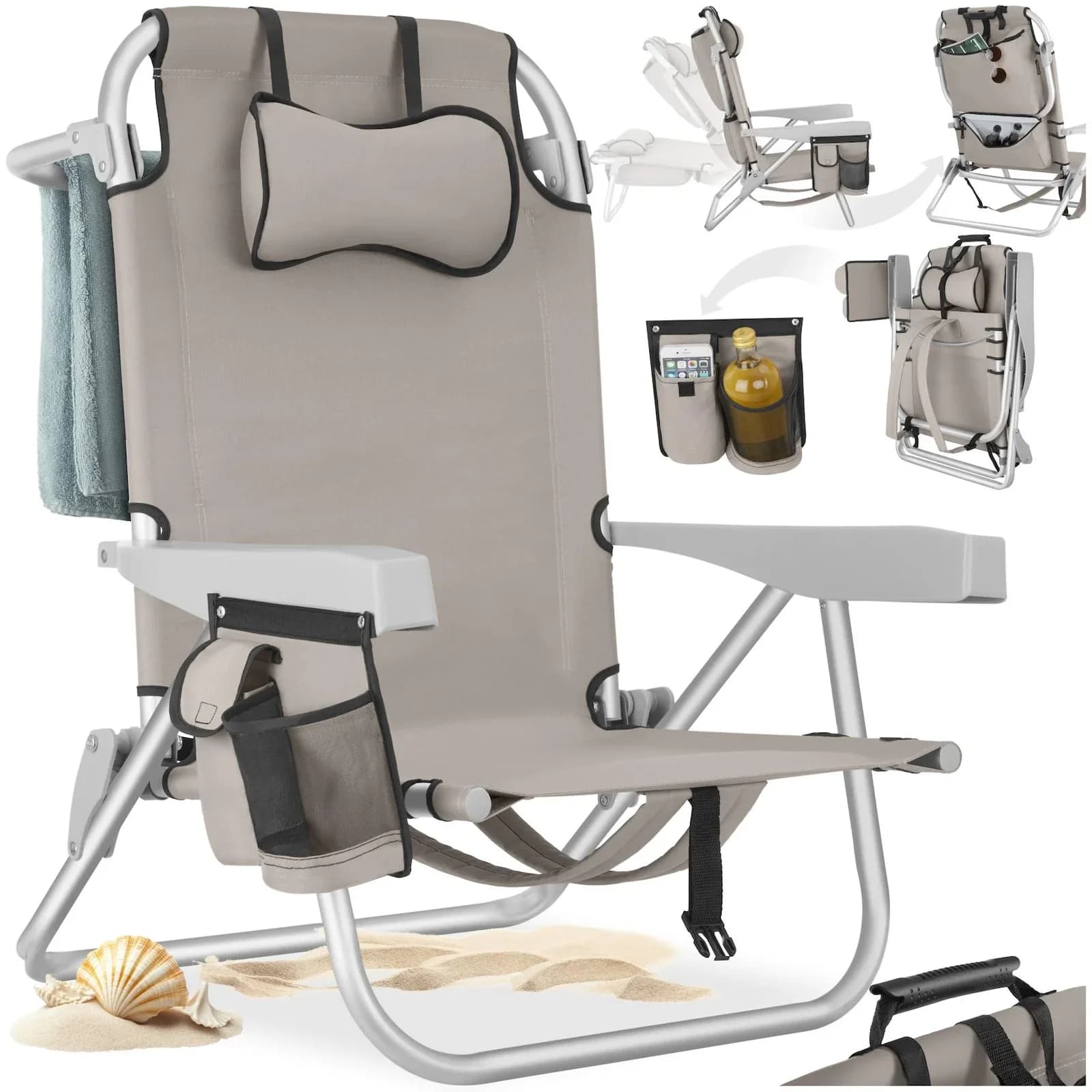 tectake Aluminium Strandstuhl klappbar mit Rucksackfunktion