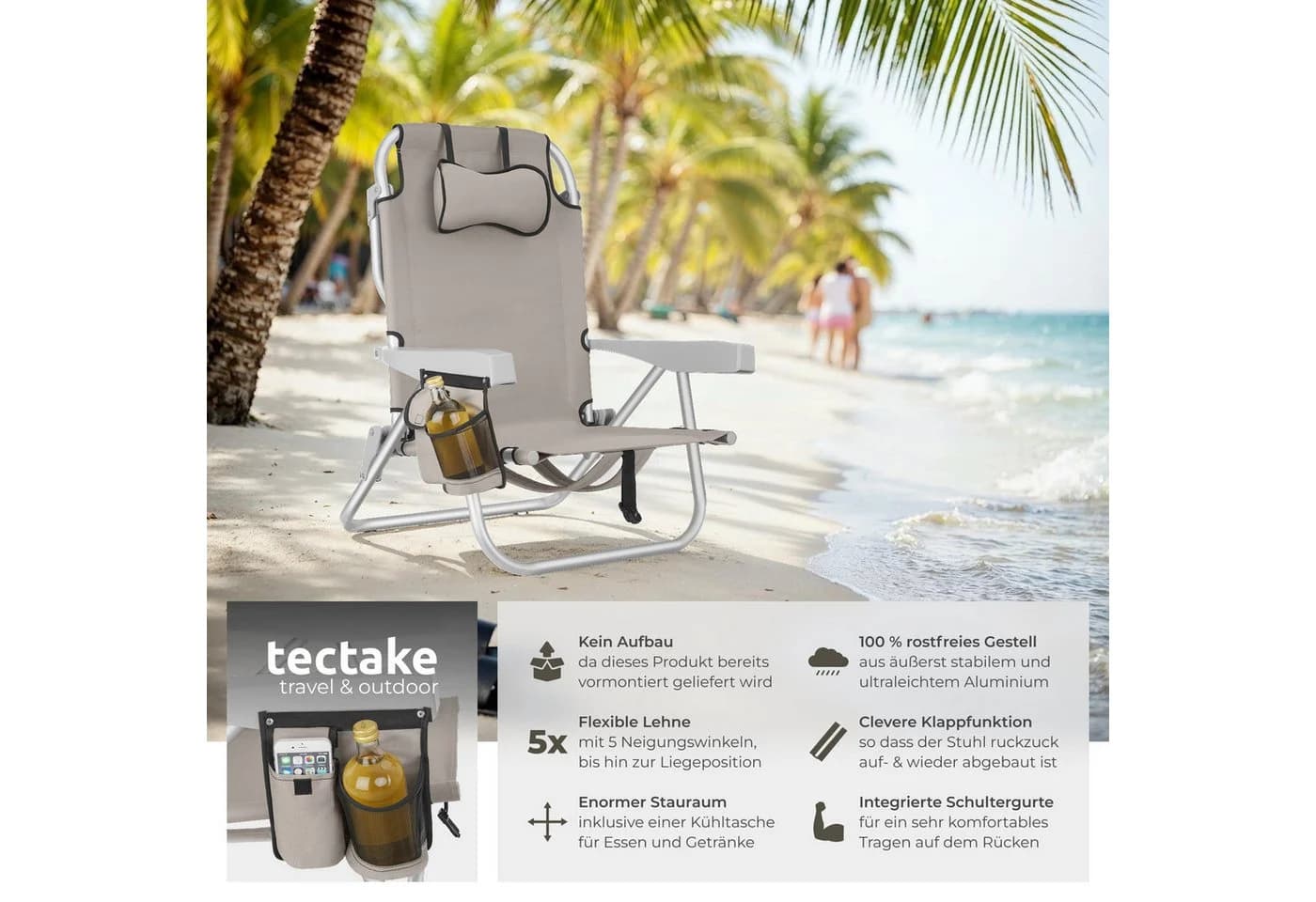 tectake Aluminium Strandstuhl klappbar mit Rucksackfunktion - Bild 2
