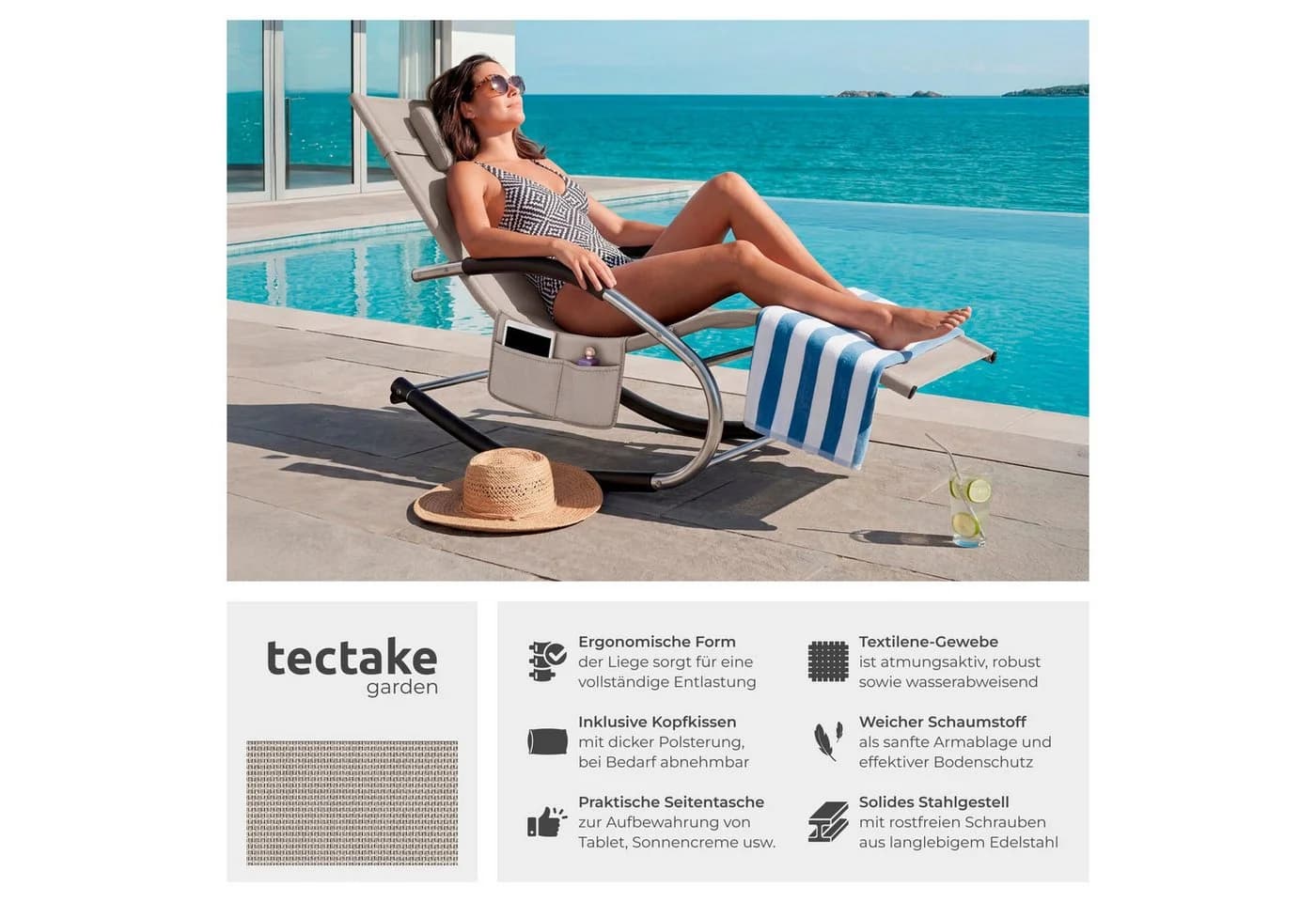 tectake Gartenliege Taya Beige Ergonomisch Mit Tasche - Bild 2