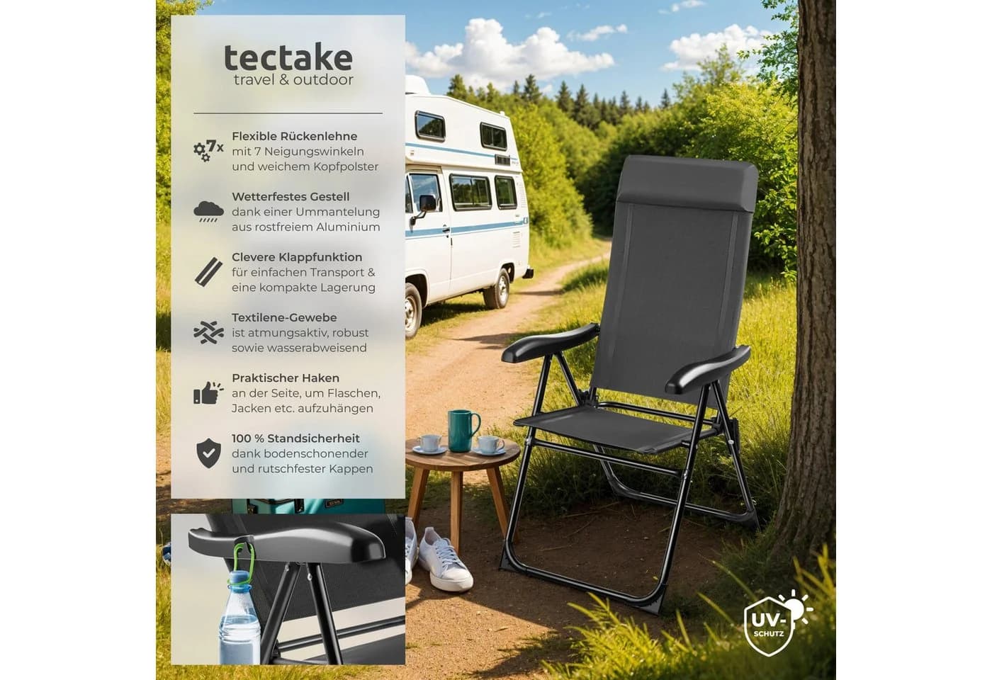 TECTAKE Campingstuhl Müritz Faltbar Anthrazit mit Kopfpolster 6er Set