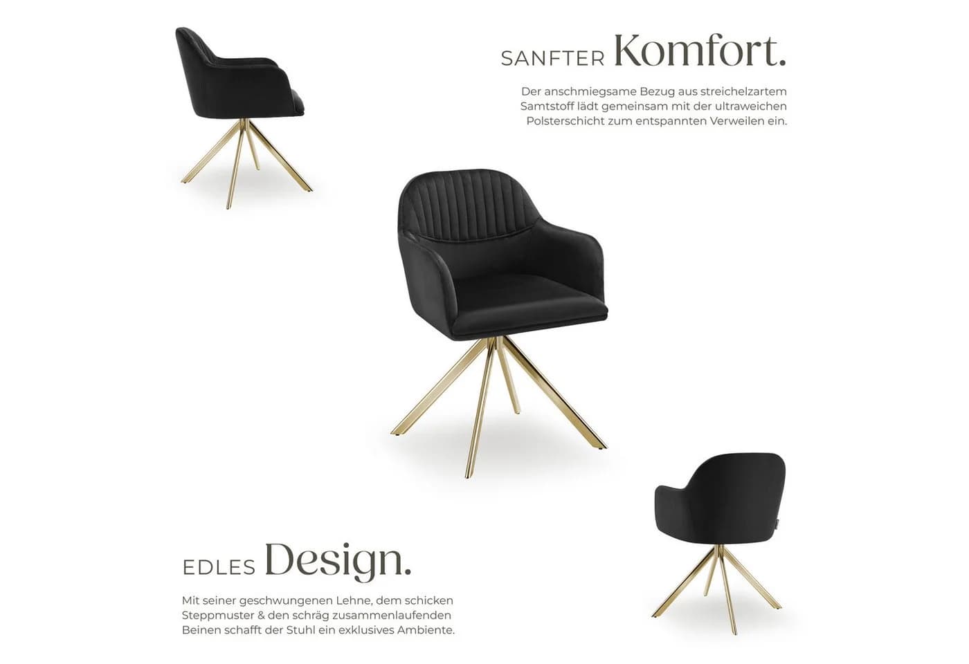 TECTAKE Samt-Drehstuhl 6er Set Schwarz/Gold mit 360° Drehfunktion - Bild 3