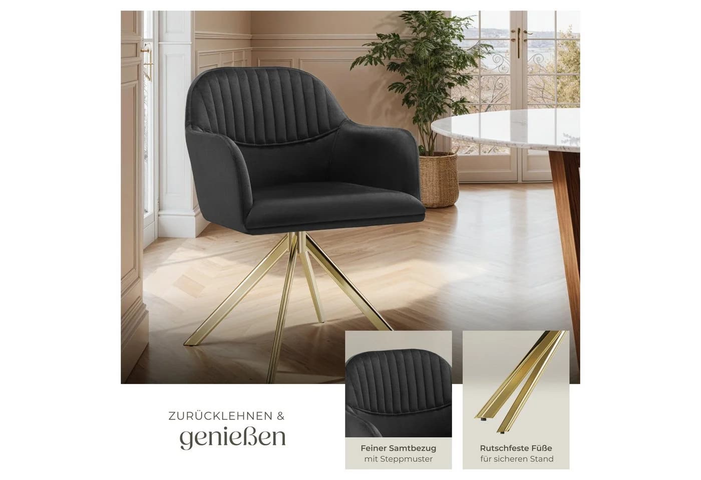 TECTAKE Samt-Drehstuhl 6er Set Schwarz/Gold mit 360° Drehfunktion - Bild 4