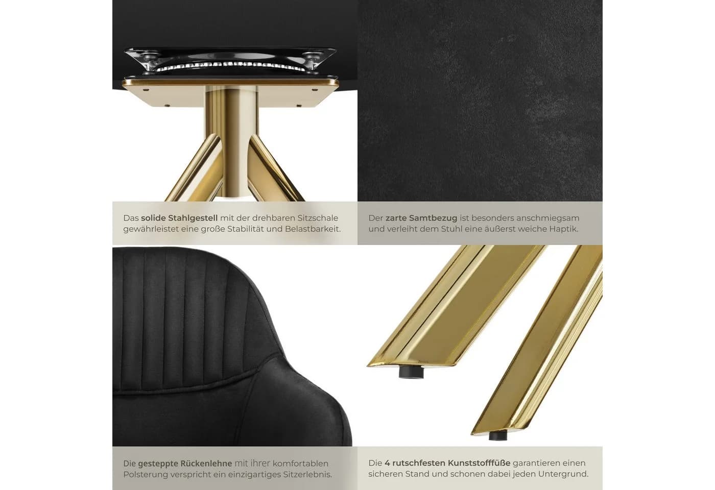TECTAKE Samt-Drehstuhl 6er Set Schwarz/Gold mit 360° Drehfunktion - Bild 5