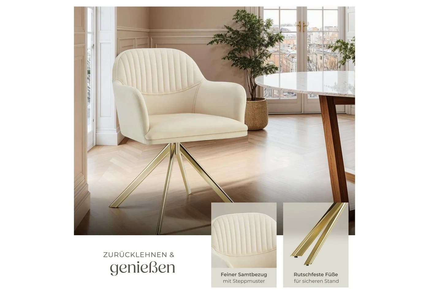 tectake Esszimmerstuhl Samt-Drehstuhl Lona Beige/Gold - Bild 4