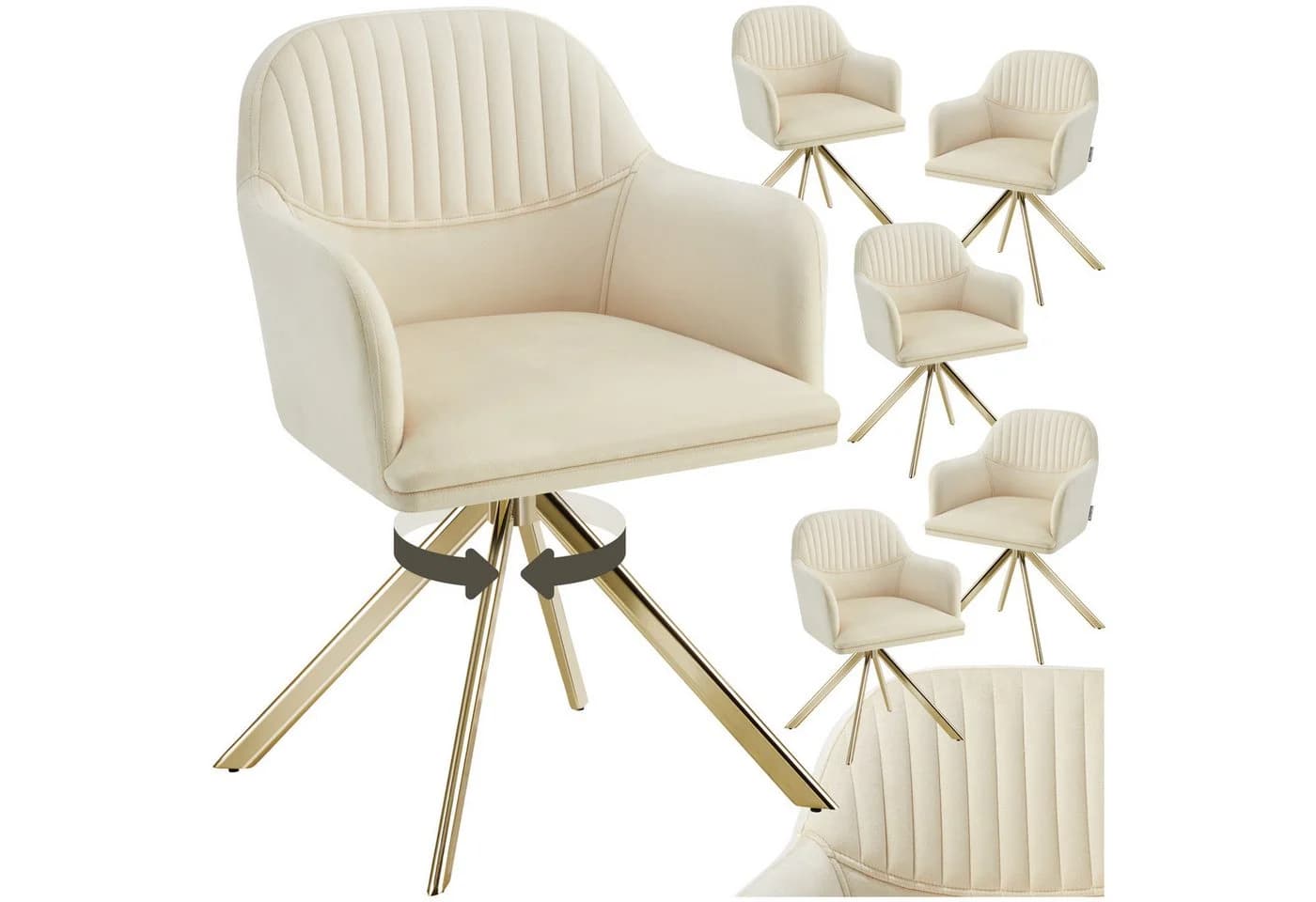TECTAKE Samt-Drehstuhl Lona 6er Set Creme/Gold Gepolstert - Bild 2