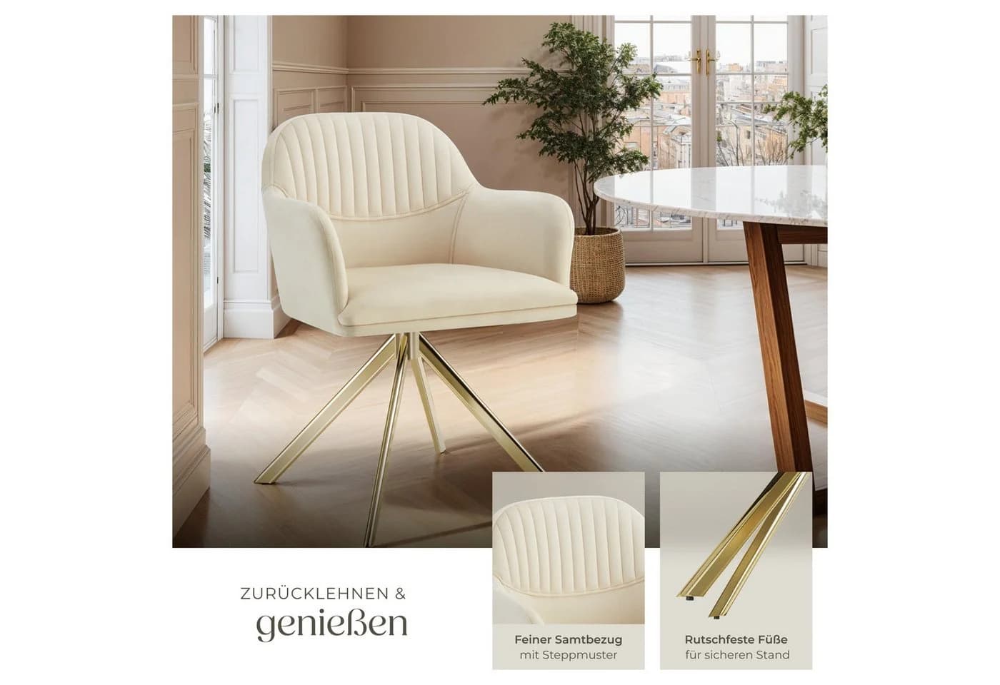 TECTAKE Samt-Drehstuhl Lona 6er Set Creme/Gold Gepolstert - Bild 4