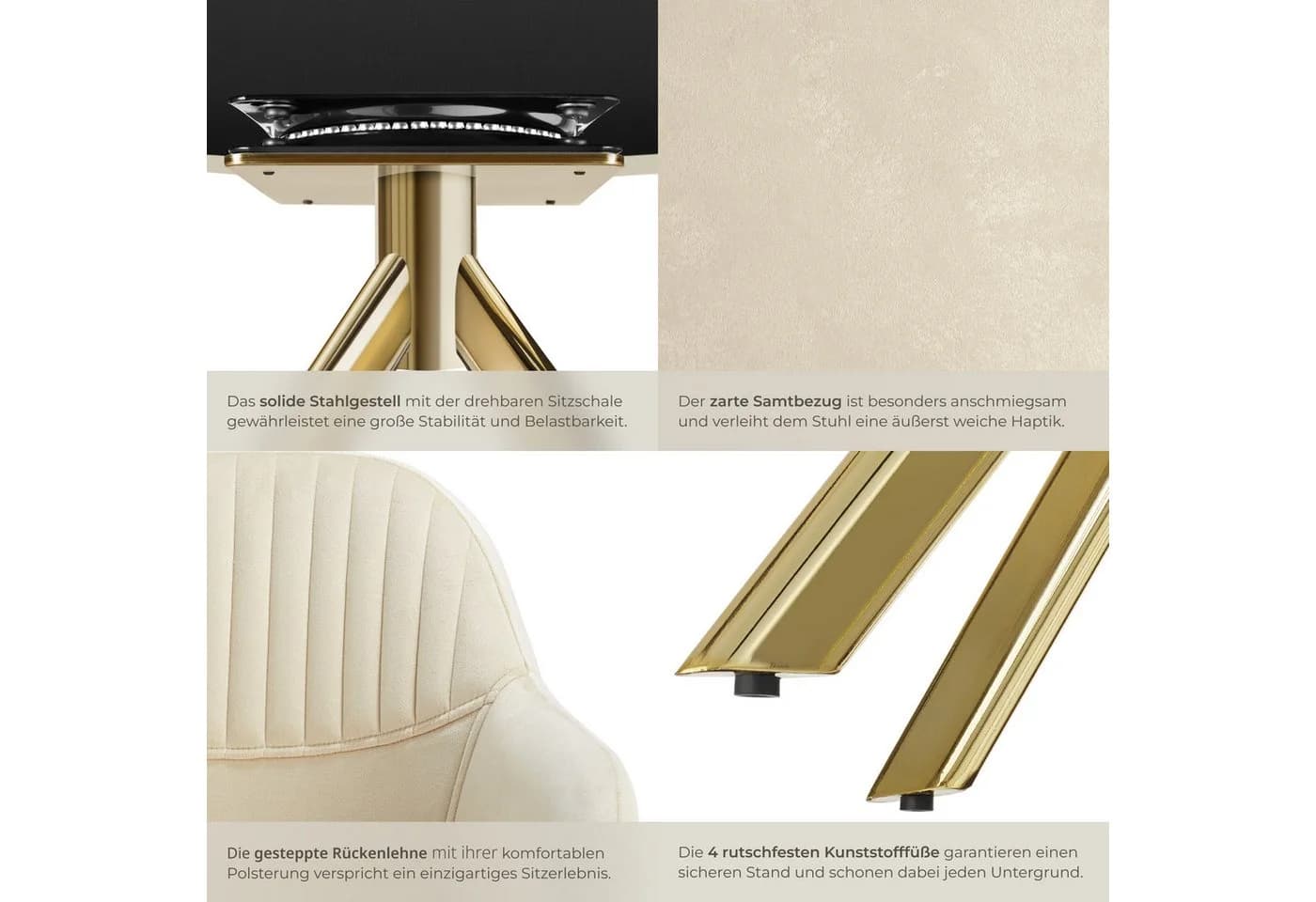 TECTAKE Samt-Drehstuhl Lona 6er Set Creme/Gold Gepolstert - Bild 5