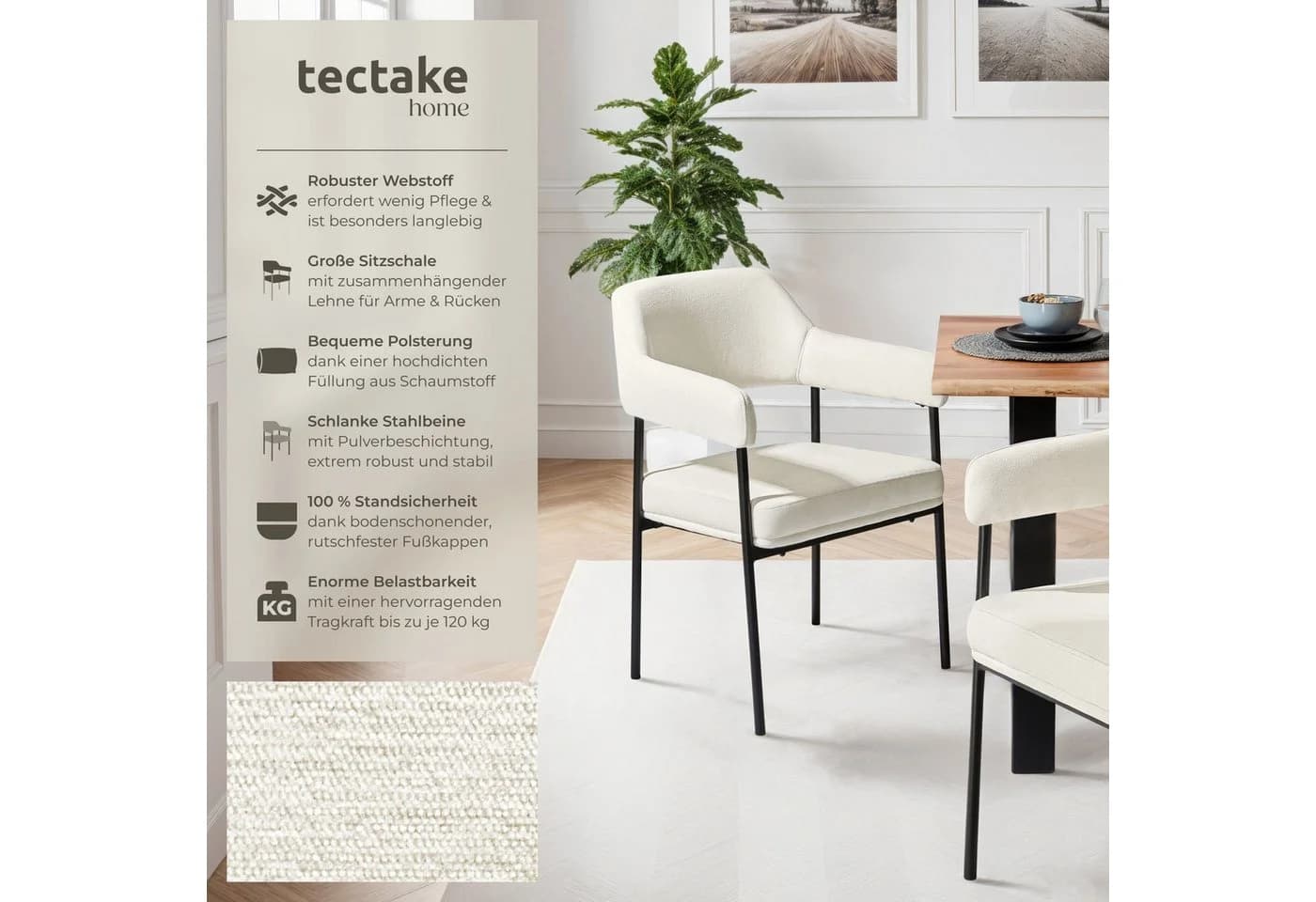 TECTAKE Esszimmerstuhl Doé Armlehnstuhl gepolstert Webstoff off-white/schwarz