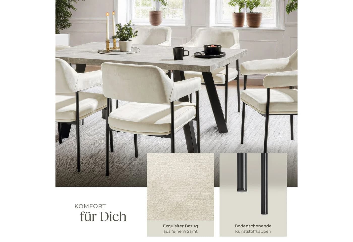 tectake Esszimmerstuhl Doé Armlehnstuhl Weiß Samt 2er Set - Bild 4