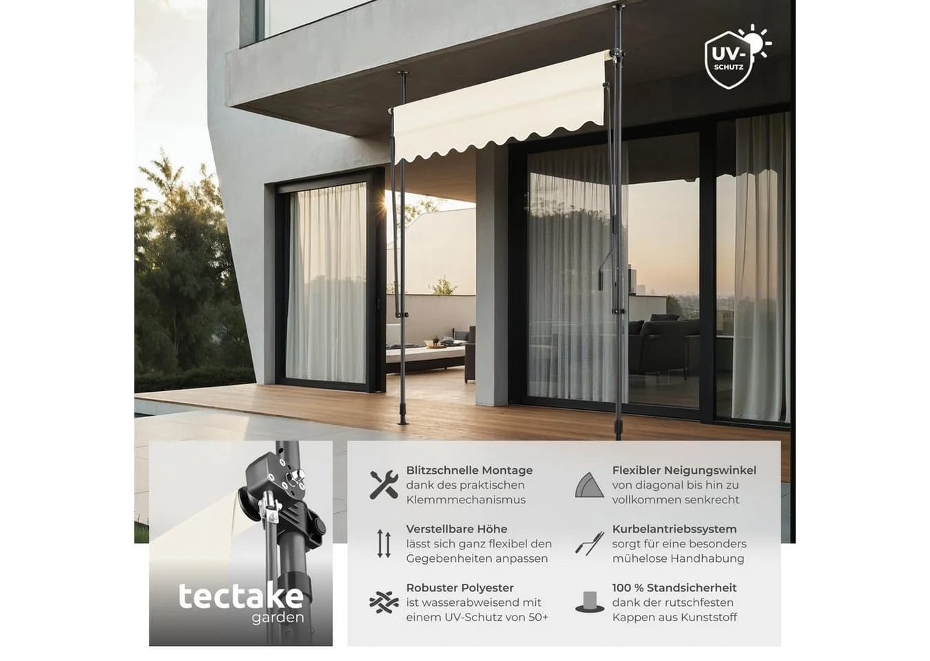 tectake Klemm-Senkrechtmarkise Beige mit Handkurbel