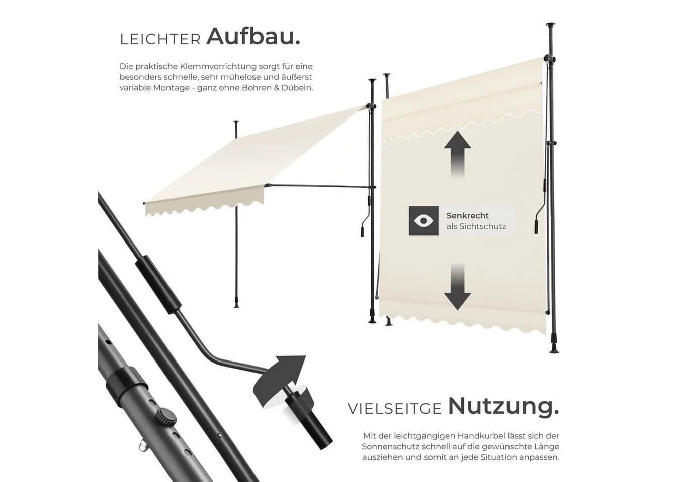 tectake Klemm-Senkrechtmarkise Beige mit Handkurbel - Bild 3