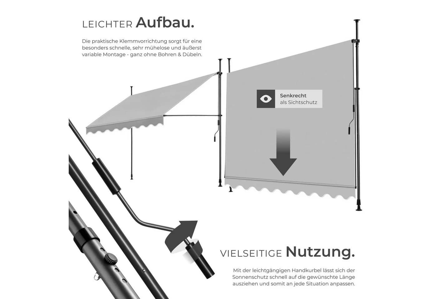 tectake Klemm-Senkrechtmarkise Hellgrau mit Handkurbel - Bild 3