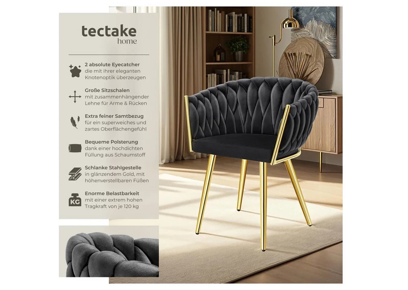 tectake Esszimmerstuhl Astano 2er Set Schwarz/Gold Samt