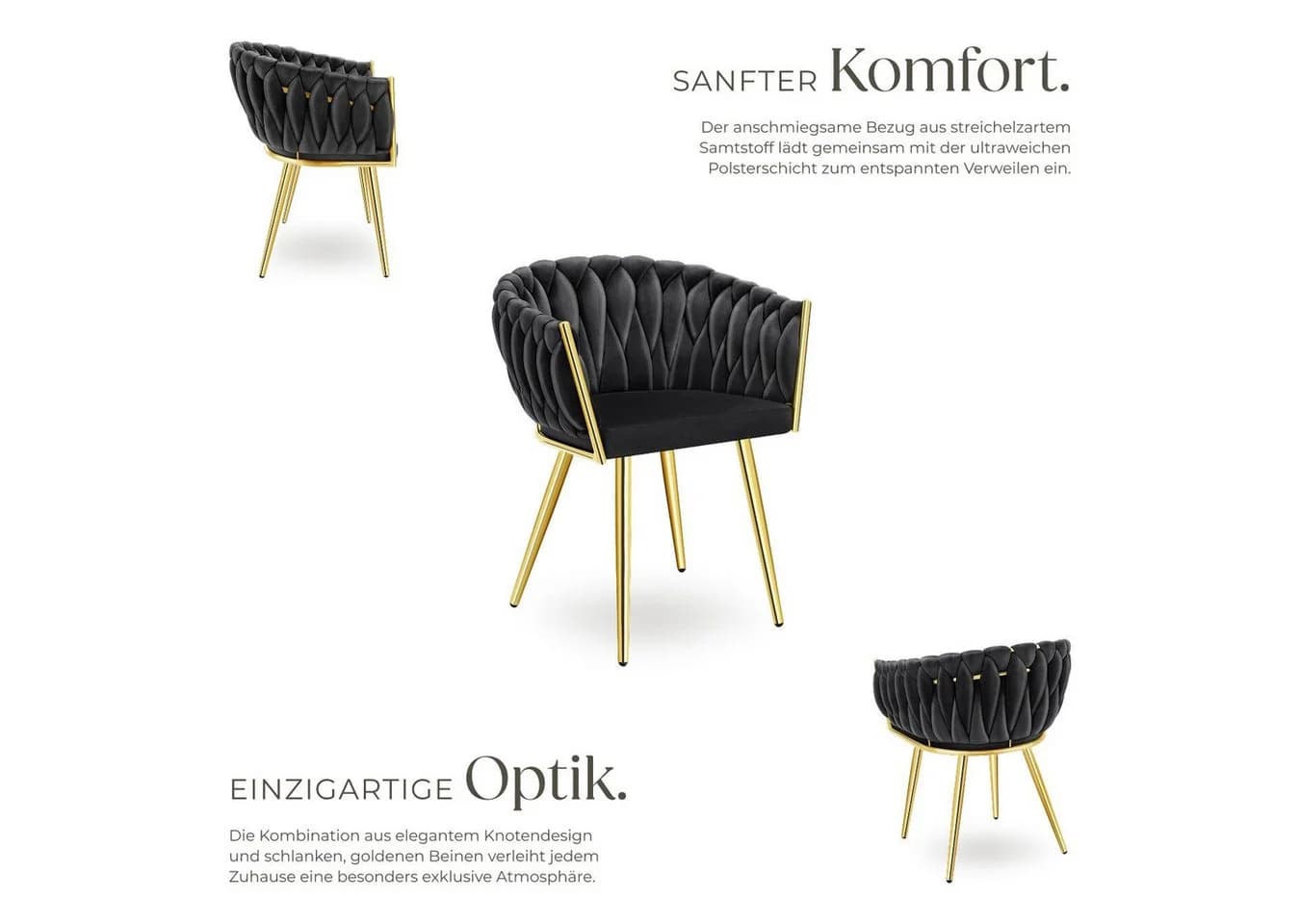 tectake Esszimmerstuhl Astano 2er Set Schwarz/Gold Samt - Bild 3
