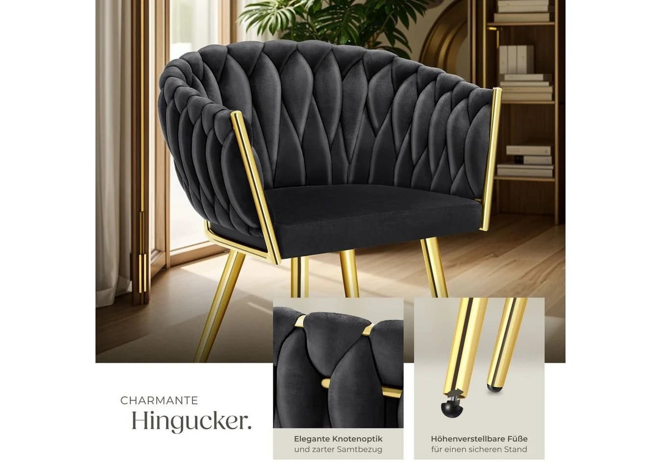 tectake Esszimmerstuhl Astano 2er Set Schwarz/Gold Samt - Bild 4
