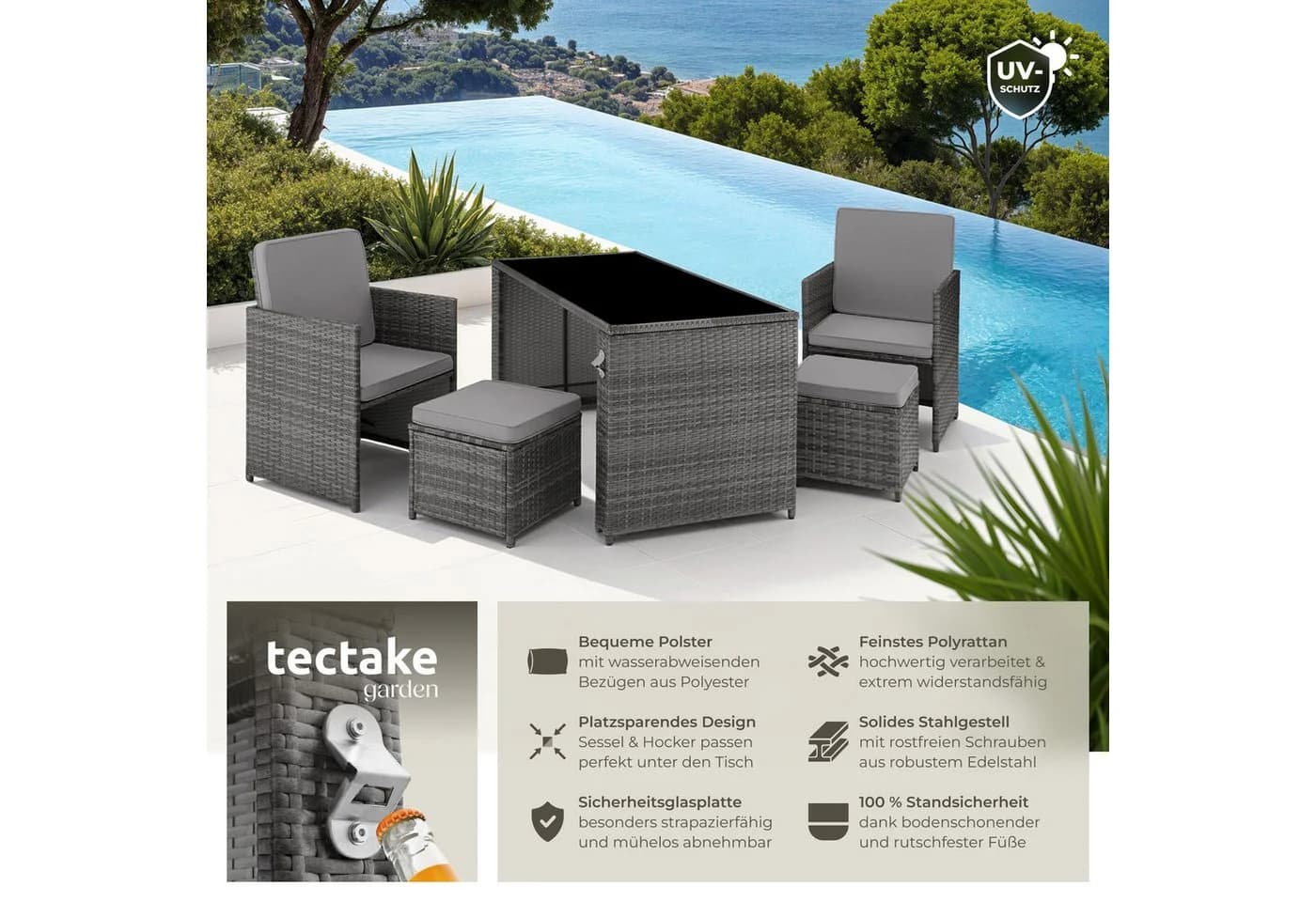 tectake Sitzgruppe Rattan Palermo 5-tlg. Grau UV-beständig