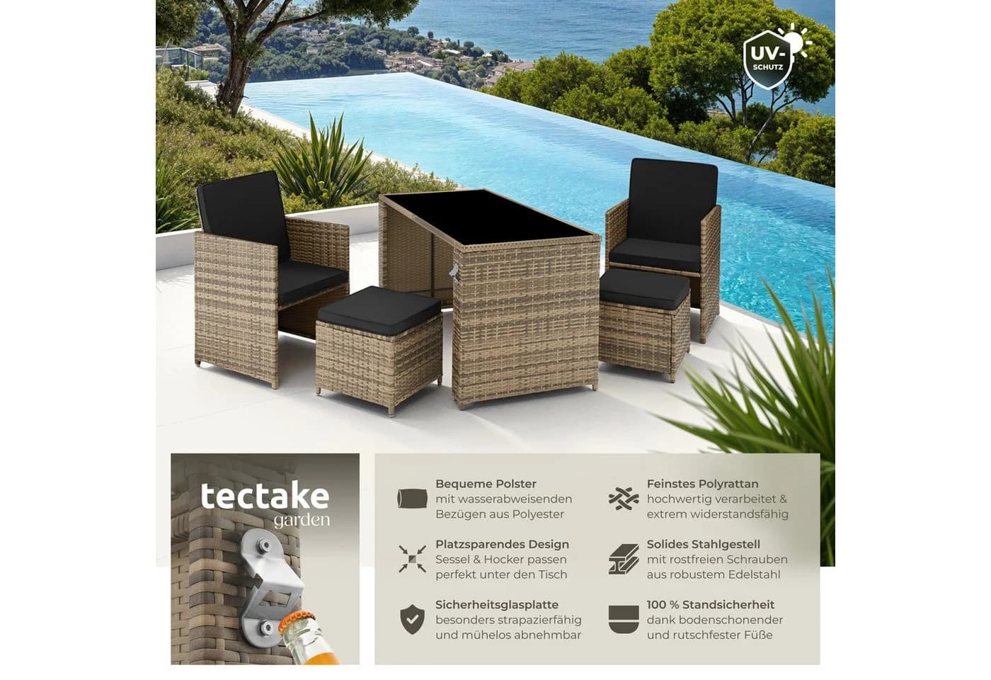 tectake Sitzgruppe Rattan 5-tlg. Natur/Schwarz Poly Rattan
