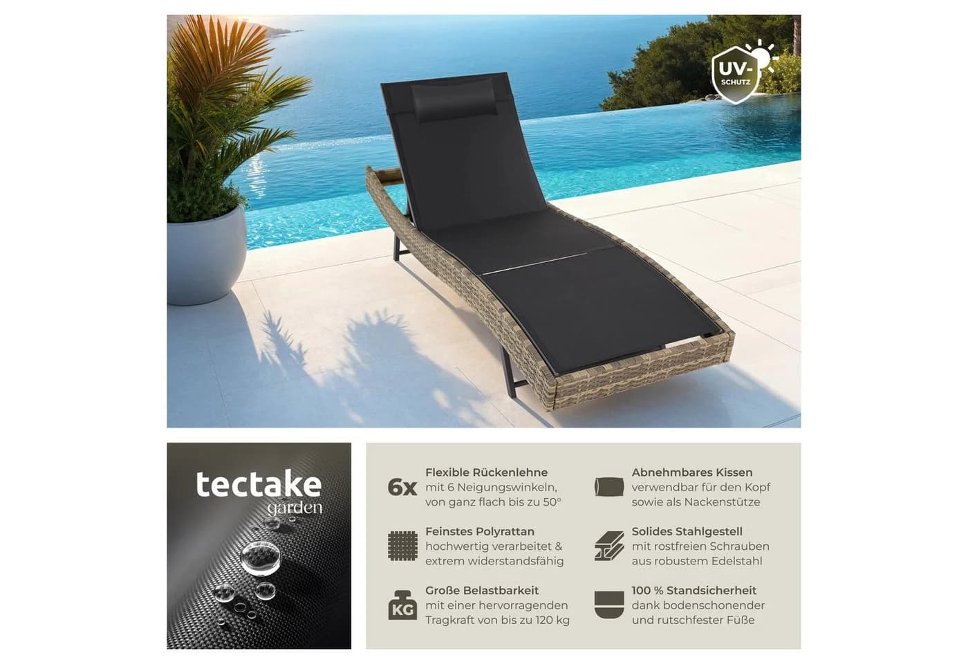 tectake Gartenliege Moana Natur Rattan mit Kopfkissen