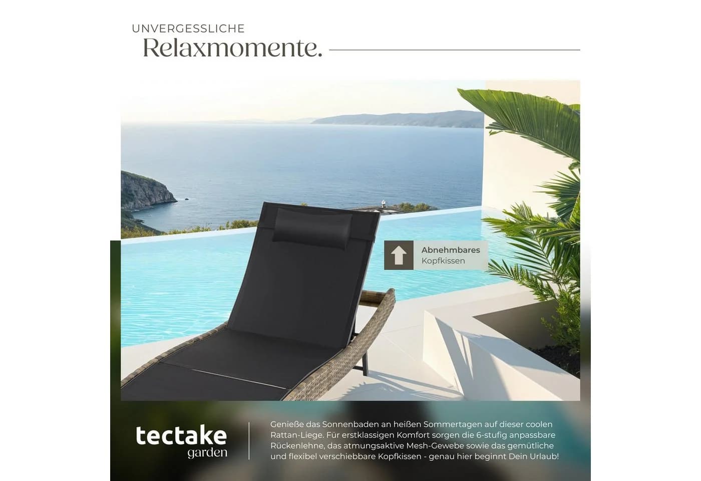 tectake Gartenliege Moana Natur Rattan mit Kopfkissen - Bild 4
