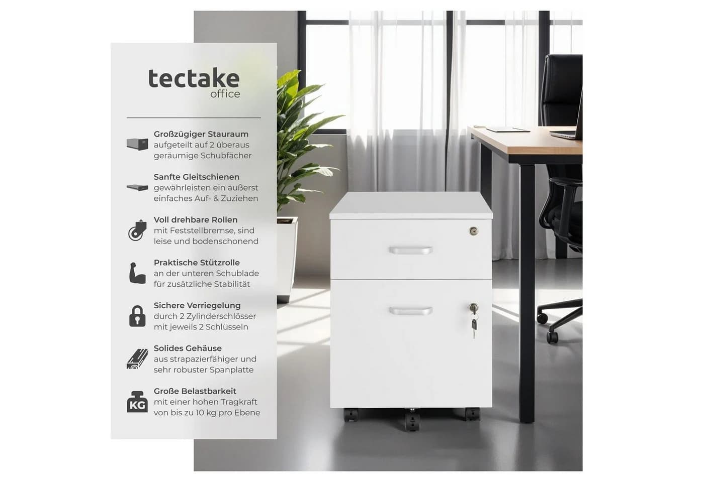 tectake Rollcontainer Vagur 2 Schubladen Weiß A4