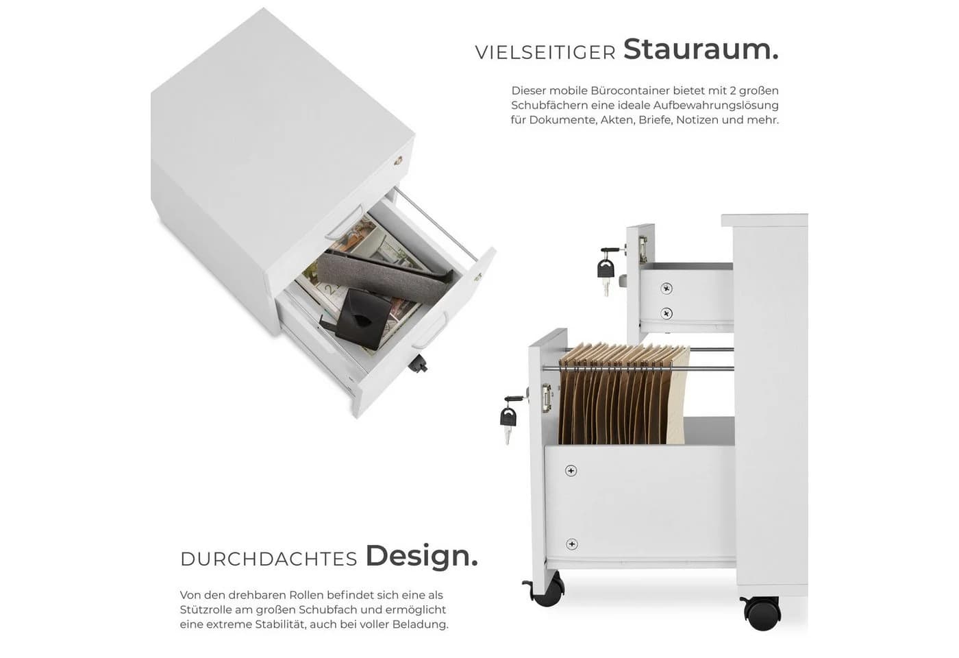 tectake Rollcontainer Vagur 2 Schubladen Weiß A4 - Bild 3