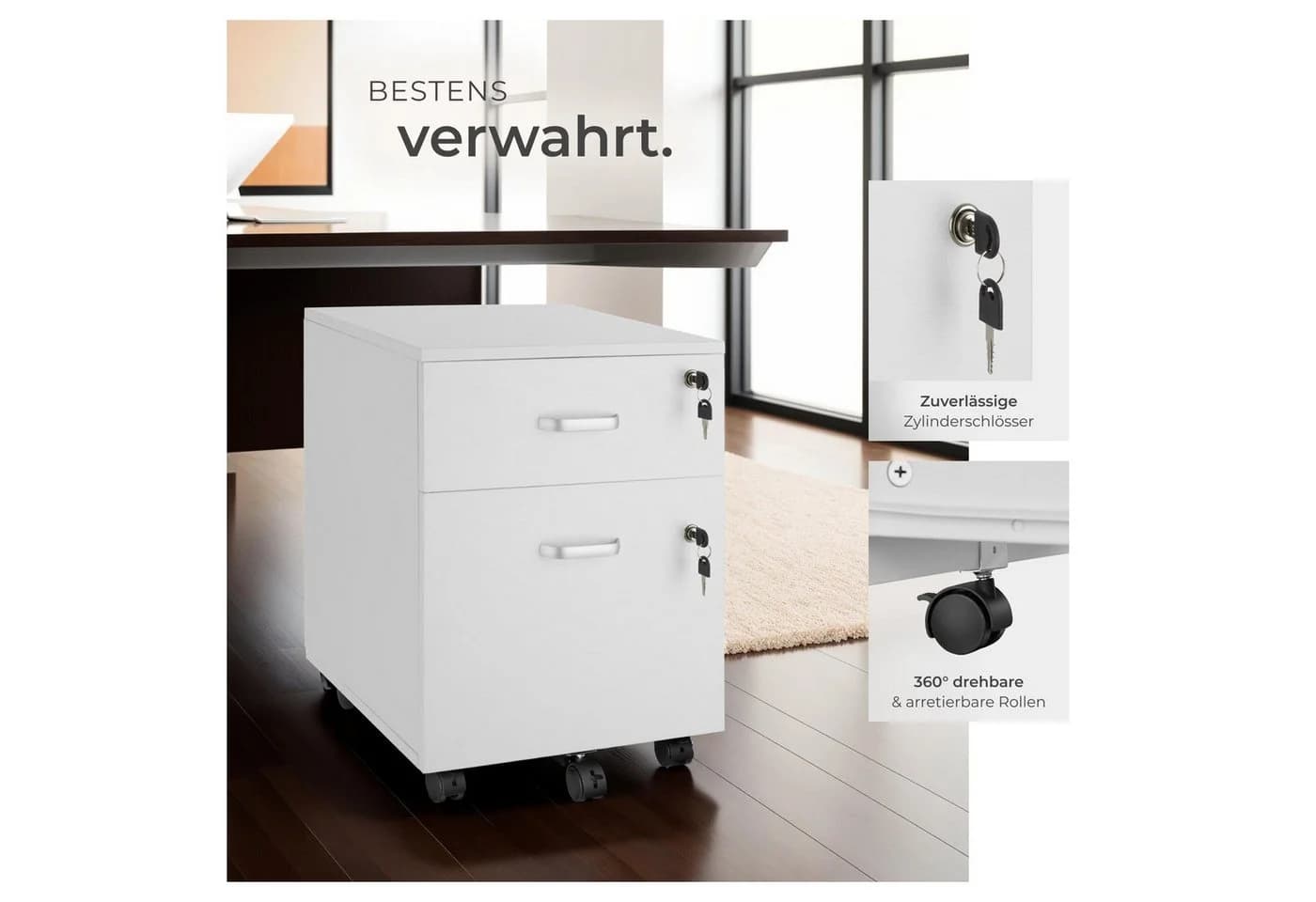tectake Rollcontainer Vagur 2 Schubladen Weiß A4 - Bild 4