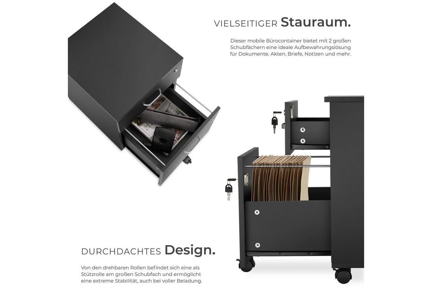 tectake Rollcontainer Vagur 2 Schubladen Schwarz - Bild 3