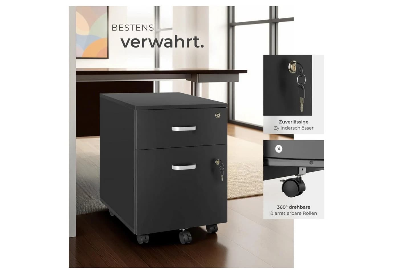 tectake Rollcontainer Vagur 2 Schubladen Schwarz - Bild 4