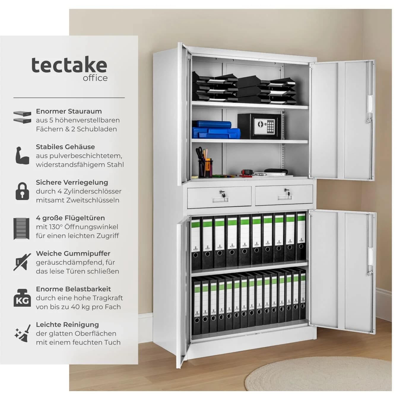 tectake Aktenschrank Cosmo Grau Stahl 2 Schubladen