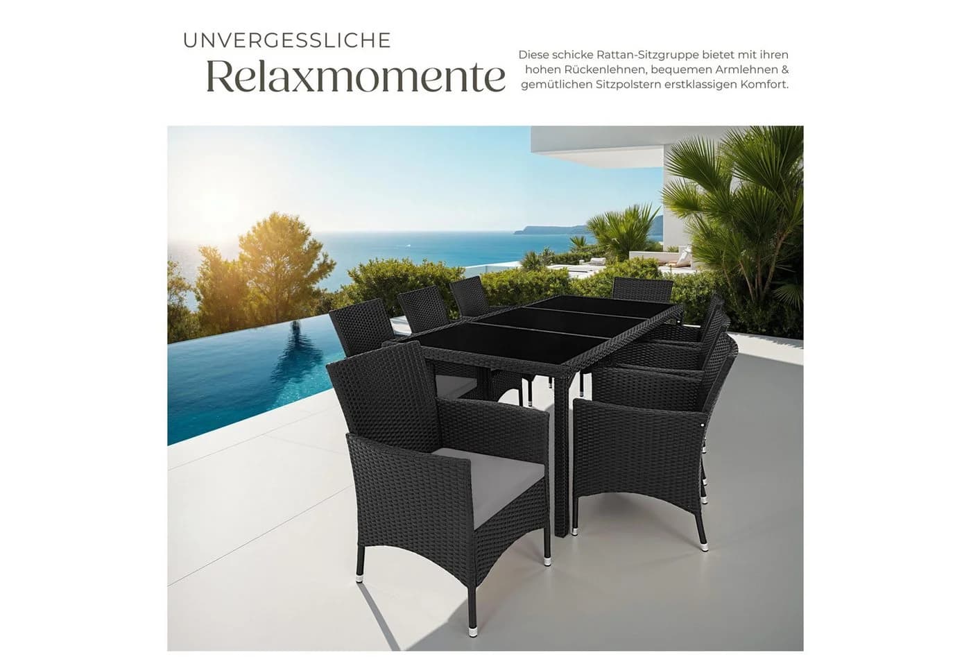 tectake Sitzgruppe 9-tlg. Schwarz/Grau Polyrattan mit Kissen - Bild 4