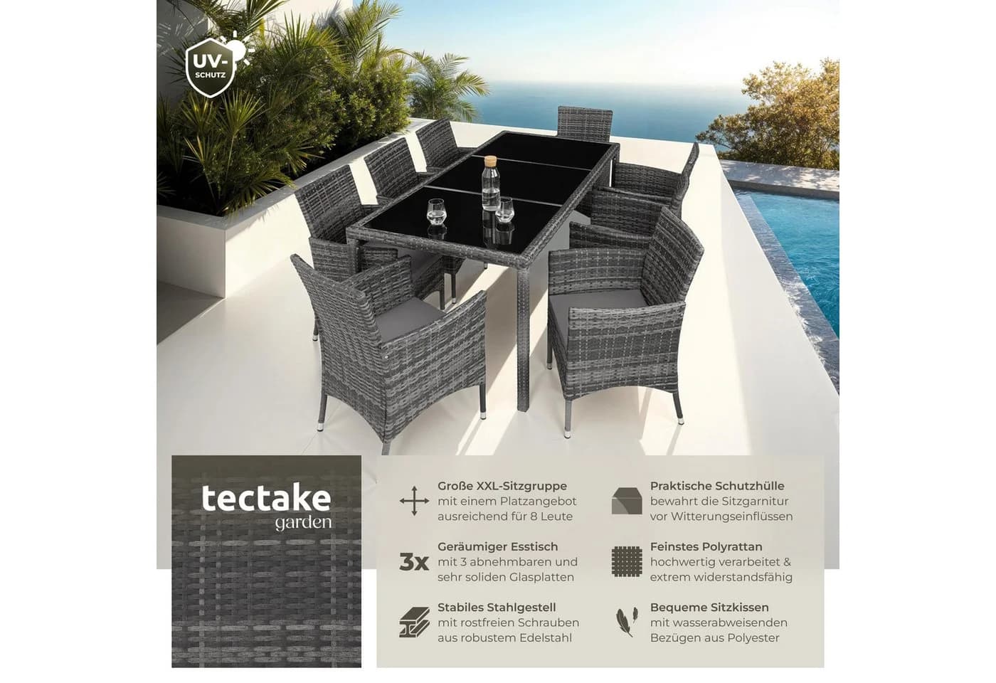 tectake Rattan Sitzgruppe 9-tlg. Grau Polyrattan mit Schutzhülle