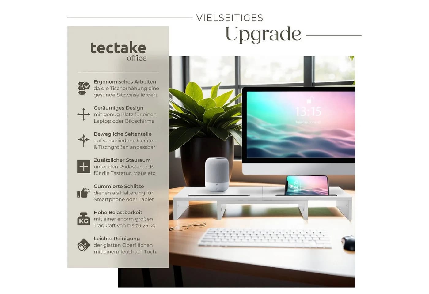 tectake Monitorständer Bozen 3-teilig breitenverstellbar mit Smartphonehalterung