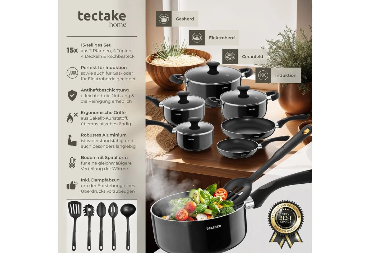 TECTAKE Topf-Set Varese 15-tlg. Aluminium Schwarz mit Antihaftbeschichtung