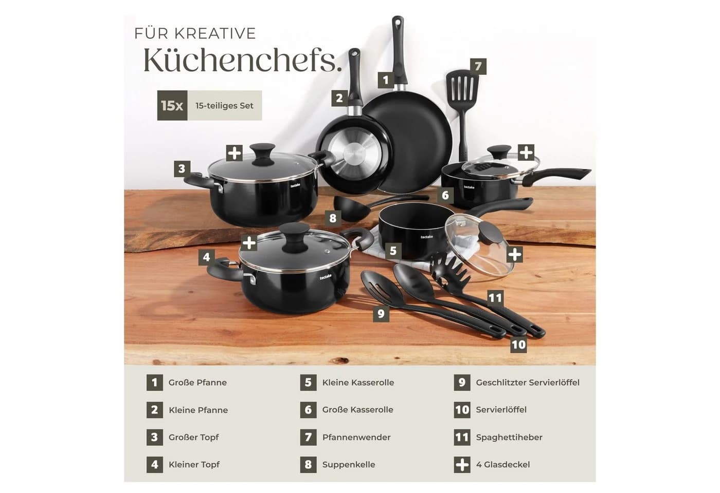 TECTAKE Topf-Set Varese 15-tlg. Aluminium Schwarz mit Antihaftbeschichtung - Bild 4
