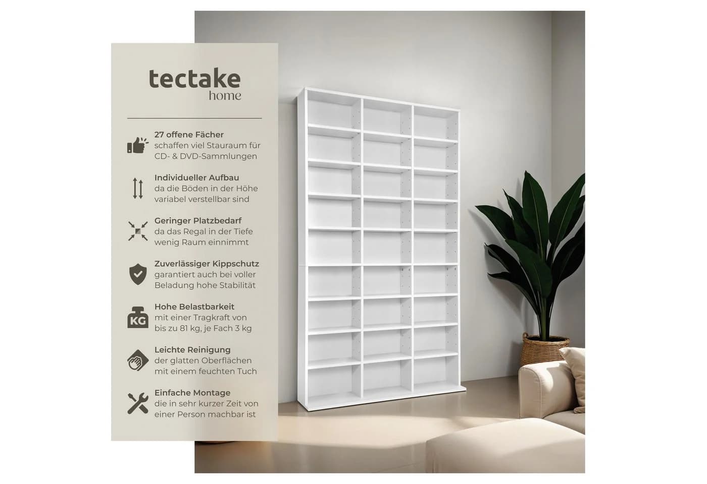tectake CD-Regal Christel Weiß Holzoptik 1080 CDs
