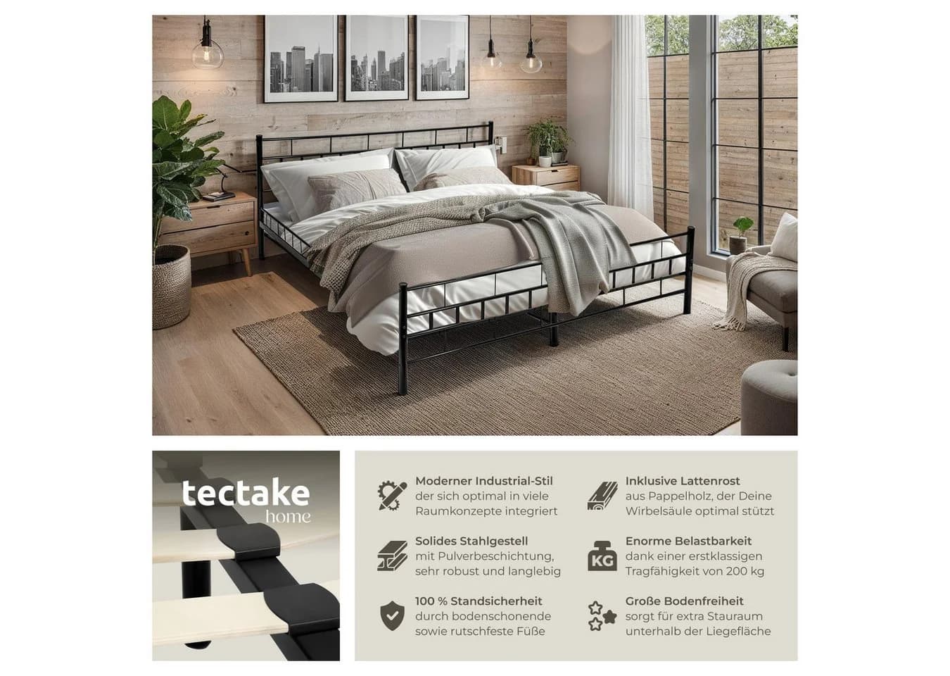tectake Metallbett Schwarz mit Lattenrost und Stahlgestell