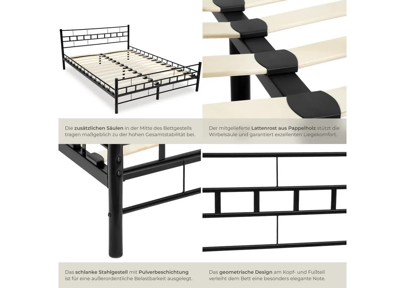 tectake Metallbett Schwarz mit Lattenrost und Stahlgestell - Bild 5