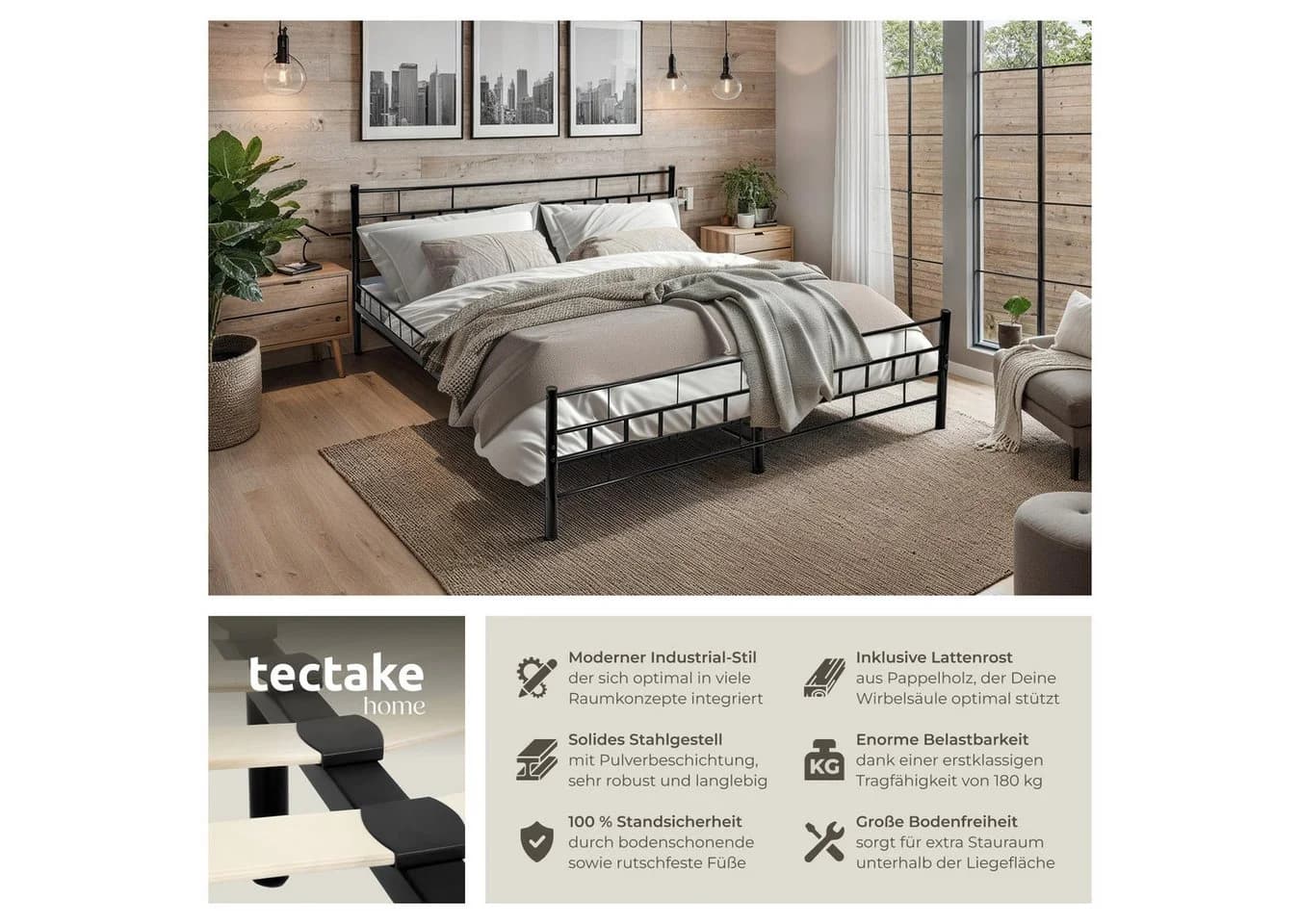 TECTAKE Metallbett Schwarz mit integriertem Lattenrost
