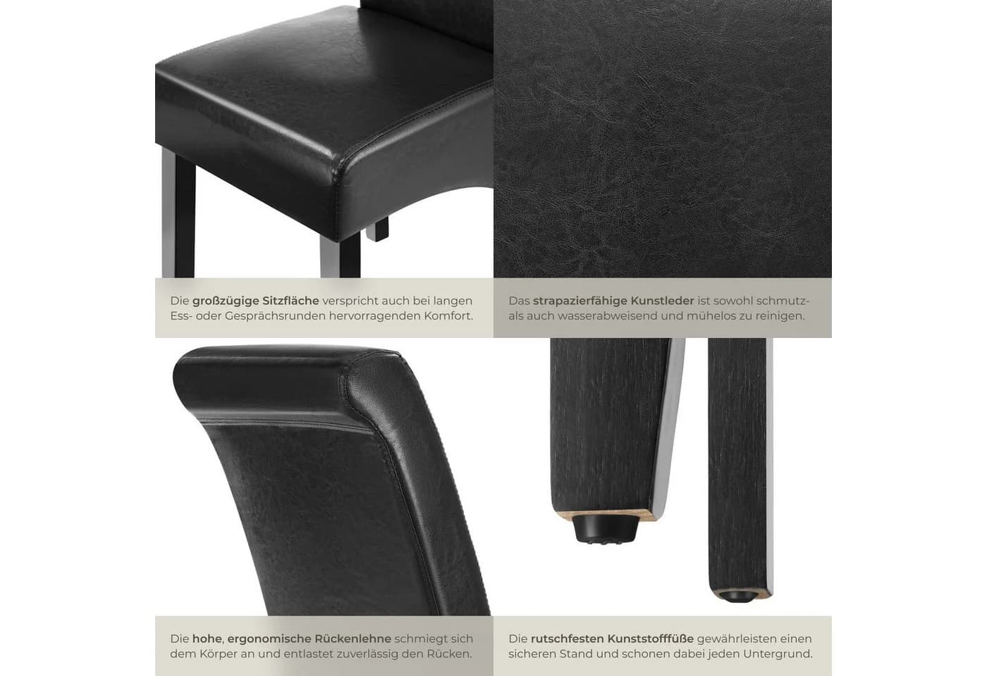 tectake Esszimmerstuhl Set 4 Stuhl Schwarz Kunstleder Massivholz - Bild 5
