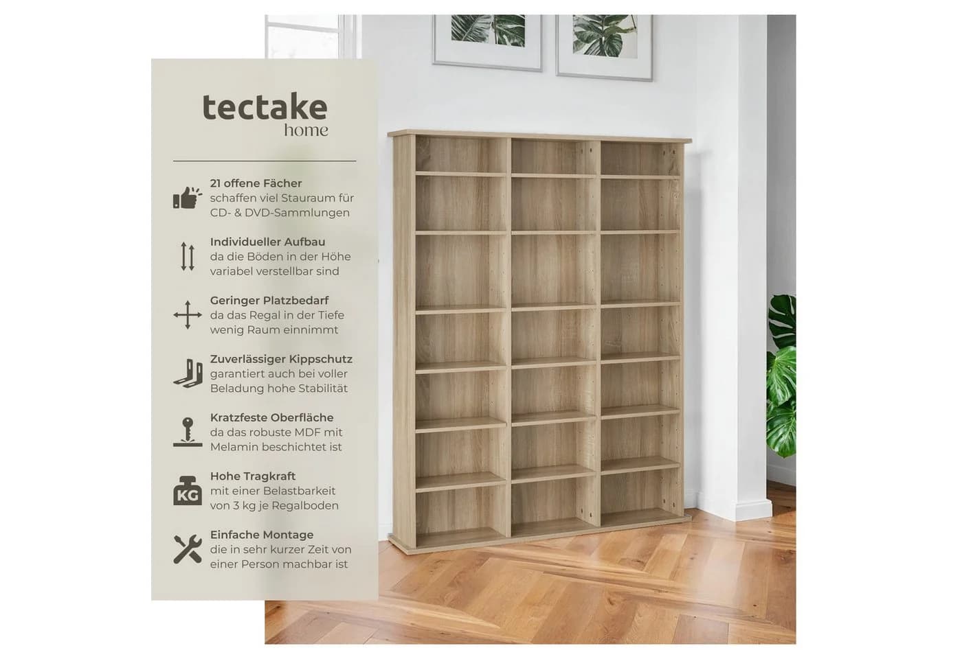TECTAKE CD-Regal Stevie in Holzoptik mit höhenverstellbaren Böden - Bild 1