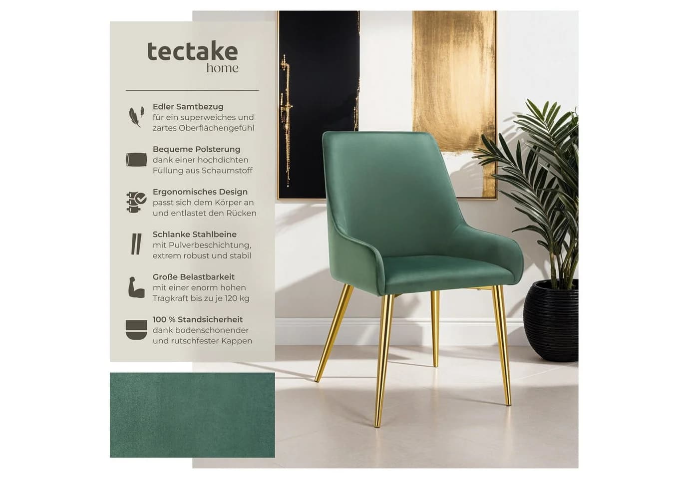 tectake Esszimmerstuhl Avane Samtoptik Grün 4er Set