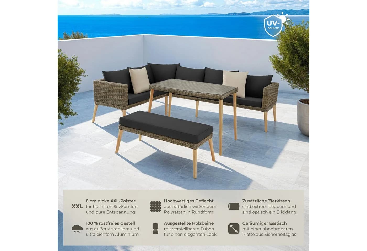 TECTAKE Gartenlounge-Set Pula 3-tlg. Rattan Aluminium mit Glasplatte