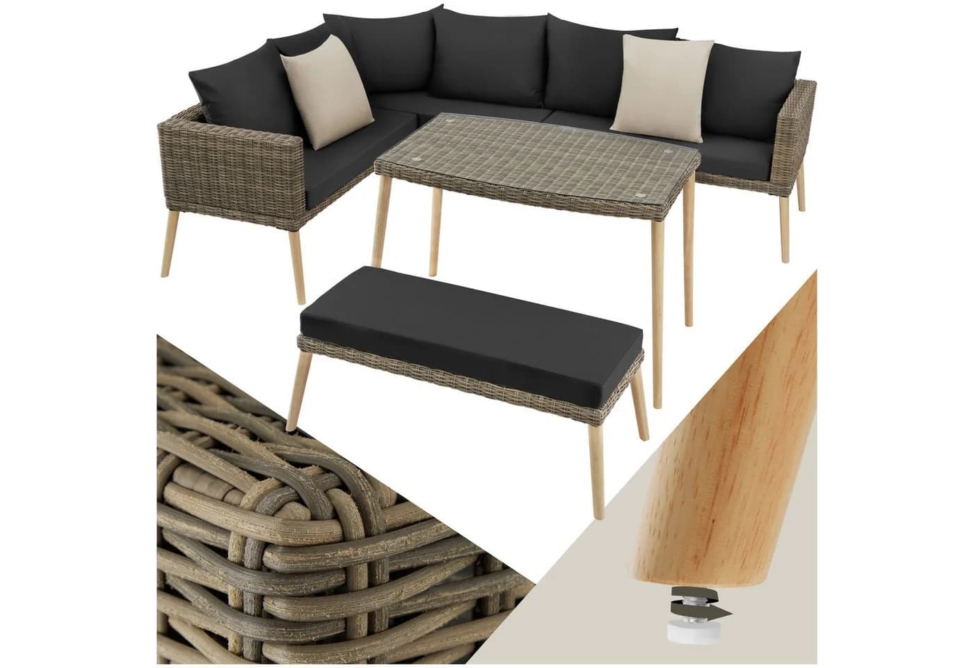 TECTAKE Gartenlounge-Set Pula 3-tlg. Rattan Aluminium mit Glasplatte - Bild 2