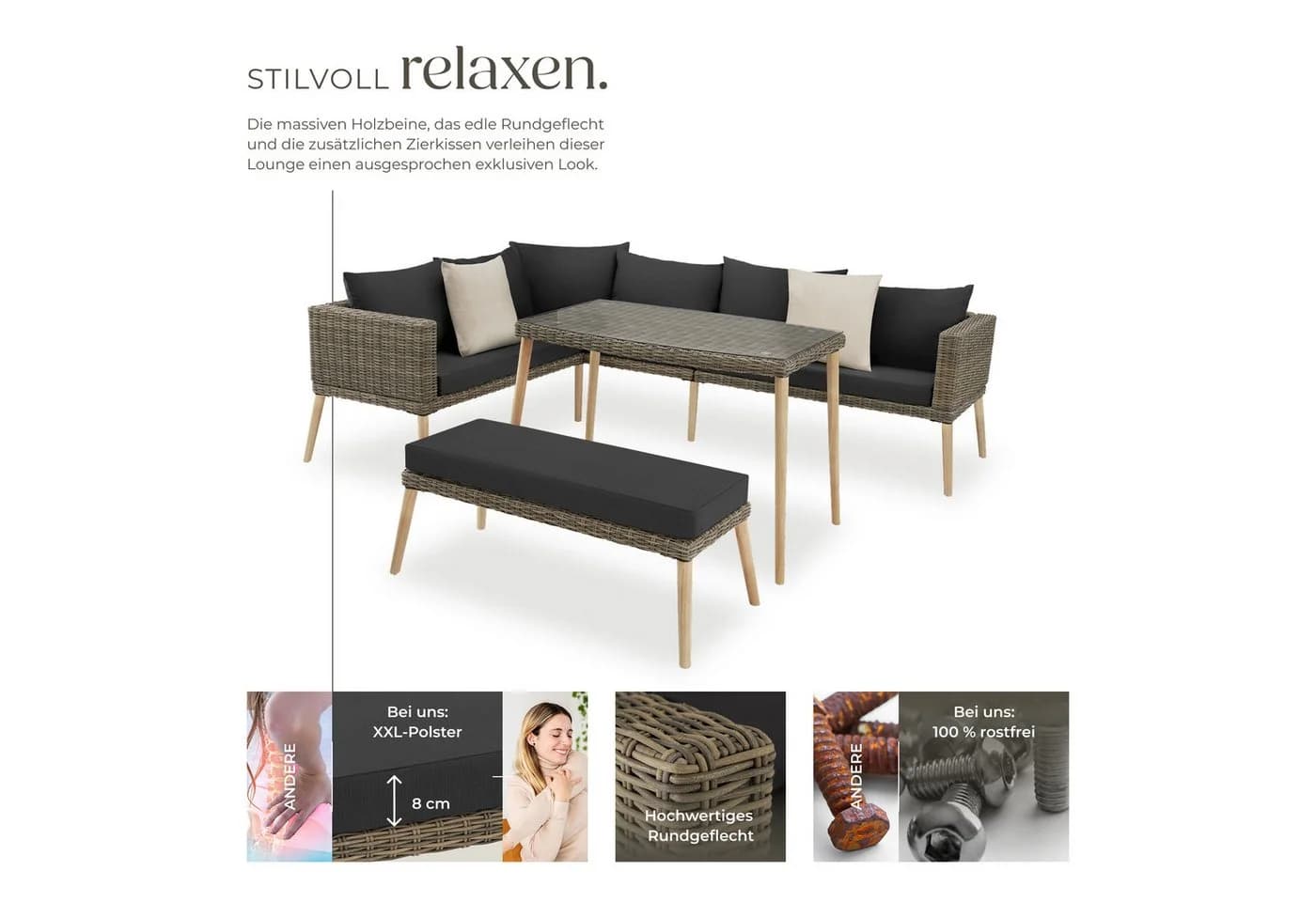 TECTAKE Gartenlounge-Set Pula 3-tlg. Rattan Aluminium mit Glasplatte - Bild 3