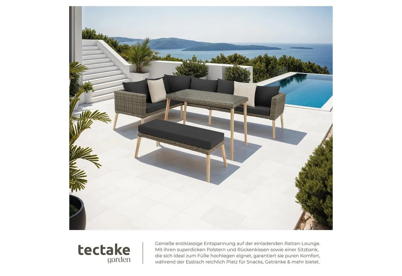 TECTAKE Gartenlounge-Set Pula 3-tlg. Rattan Aluminium mit Glasplatte - Bild 4