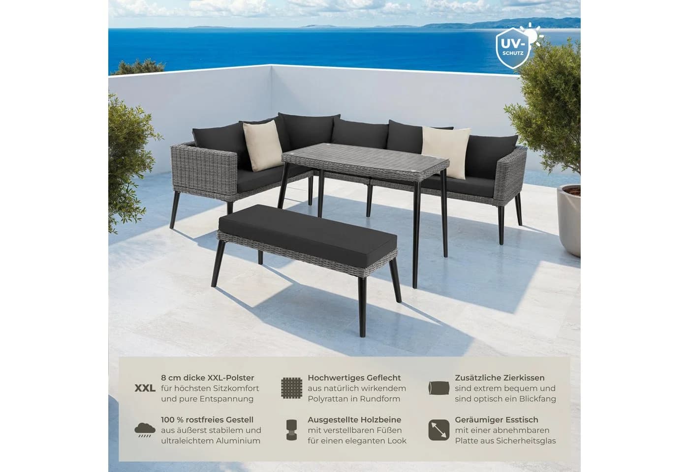 TECTAKE Loungeset Pula 3-tlg. Grau Aluminium Rattan mit Glasplatte