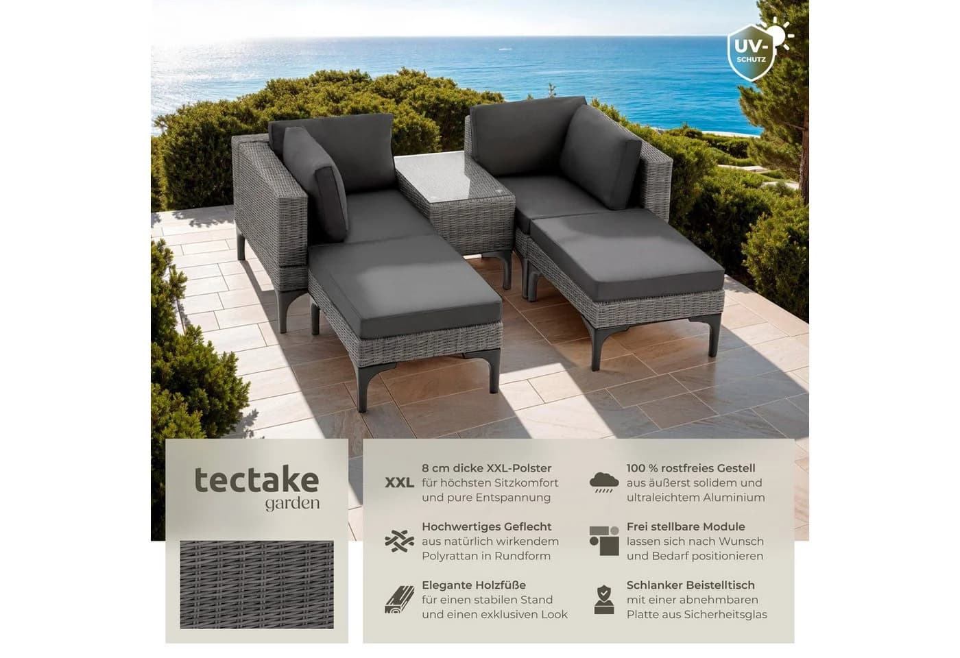 TECTAKE Gartenlounge-Set 5-tlg. Grau Rattan Aluminium mit Glasplatte