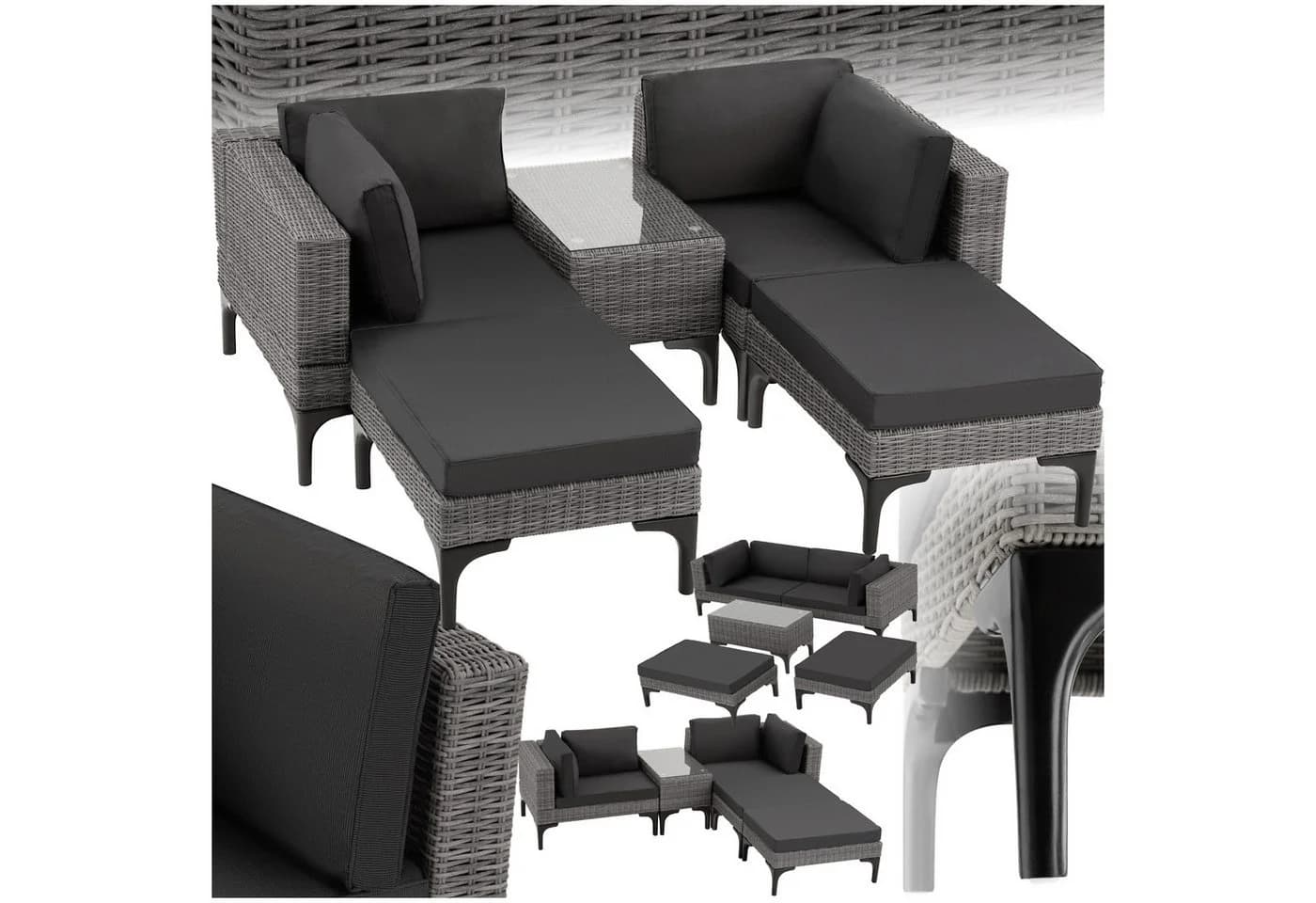 TECTAKE Gartenlounge-Set 5-tlg. Grau Rattan Aluminium mit Glasplatte - Bild 2