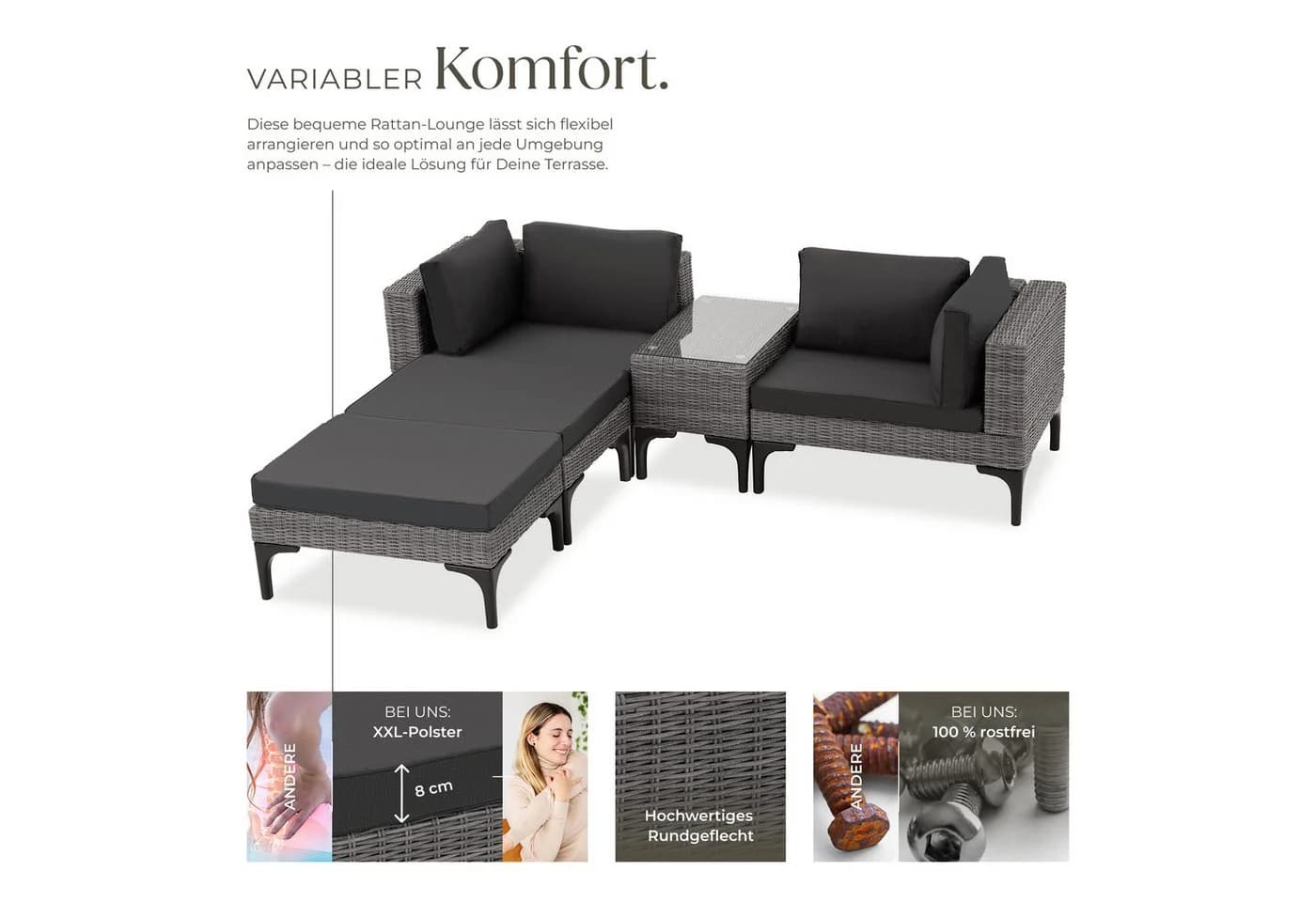 TECTAKE Gartenlounge-Set 5-tlg. Grau Rattan Aluminium mit Glasplatte - Bild 3