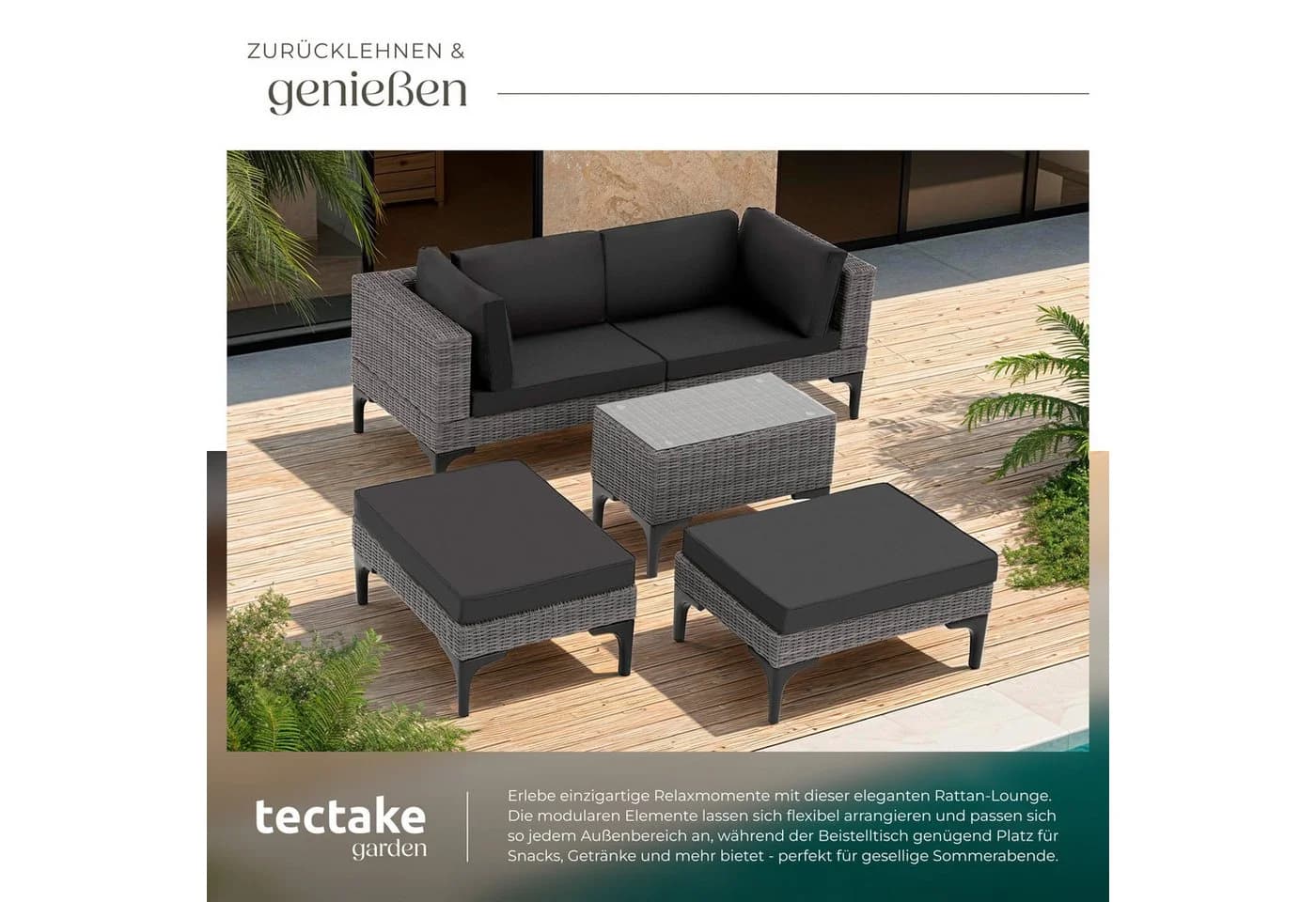 TECTAKE Gartenlounge-Set 5-tlg. Grau Rattan Aluminium mit Glasplatte - Bild 4